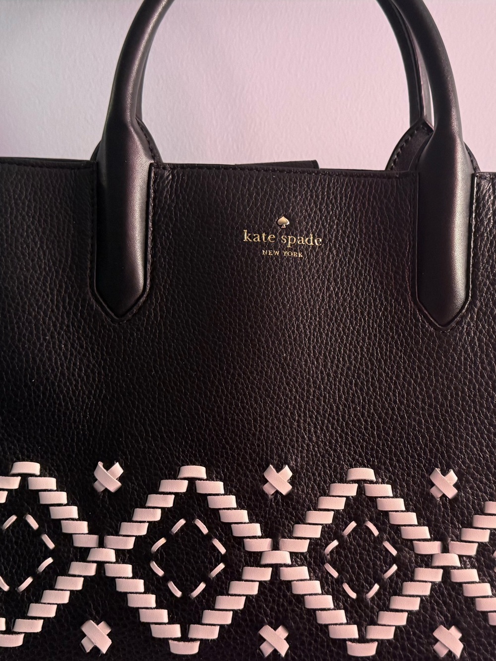 kate spade Black Leather Tote with White Woven Diamond Accent